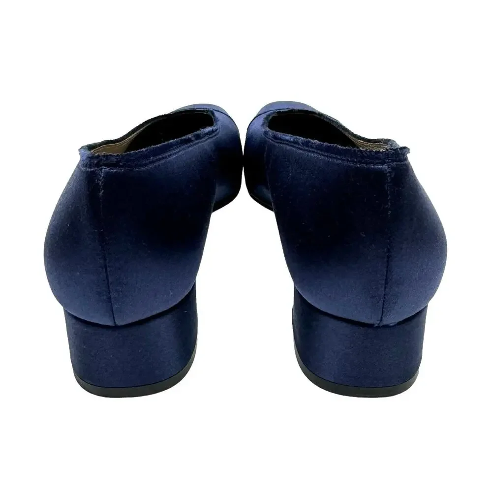 Pedro Garcia Eladia NEW Navy Silk Satin Low Block Heel Slip On Pump $550